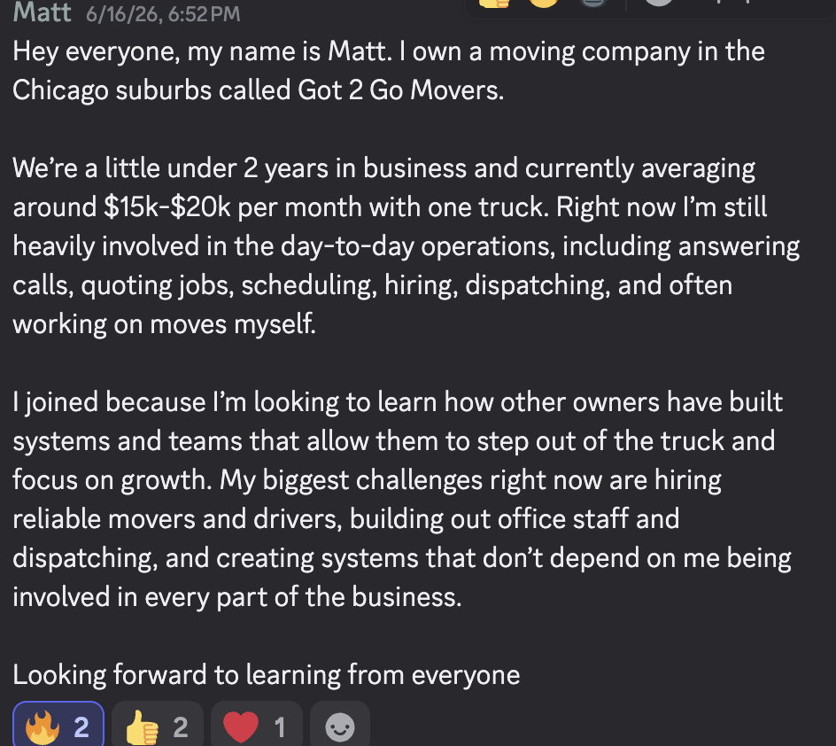 Matt owns Got 2 Go Movers in the Chicago suburbs doing $15k-20k/month