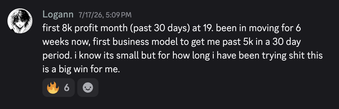 Discord win: first $8k profit month at 19 years old