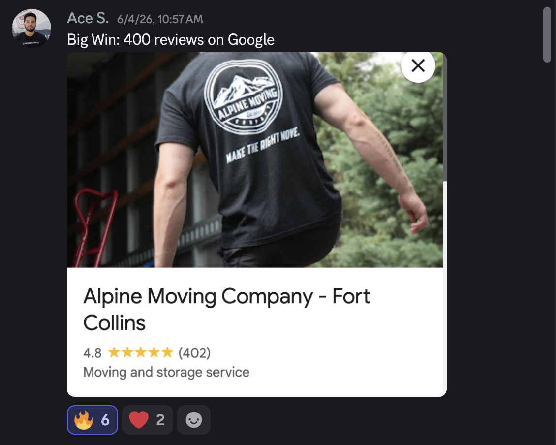 Discord win: Alpine Moving Company hits 400 Google reviews