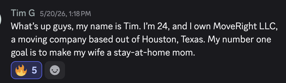 Tim, 24, owns MoveRight LLC in Houston, Texas